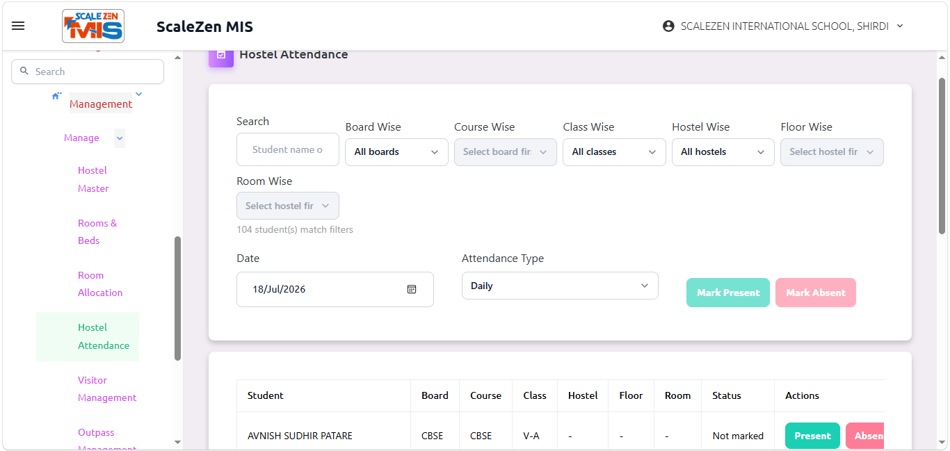 Hostel Attendance Screen